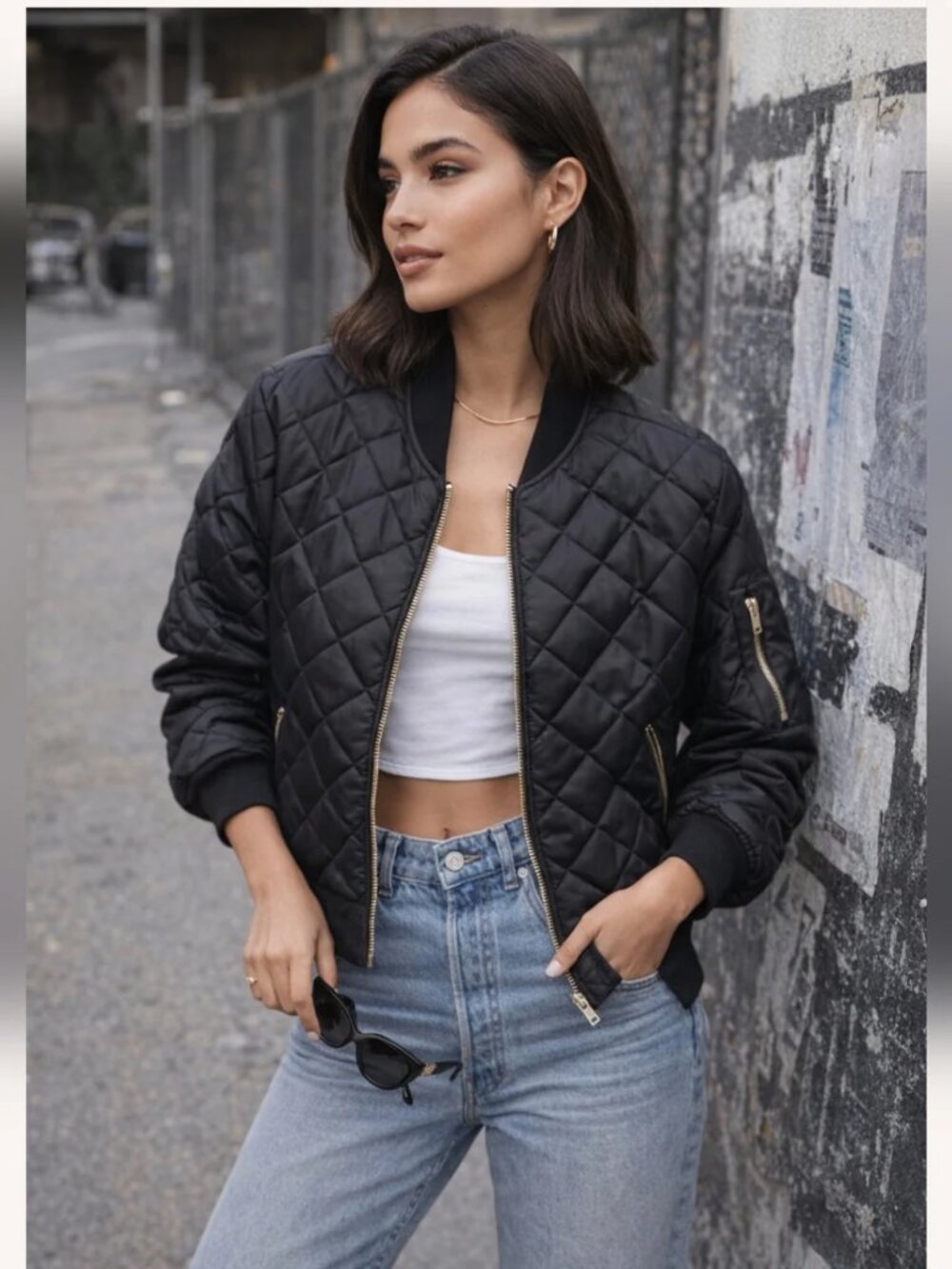 7 For All Mankind Black Quilted Bomber Jacket XL Gold Zipper Street Style